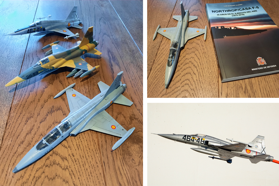 Maquetas de las tres variantes españolas del F-5 utilizadas como referencia para el cuadro