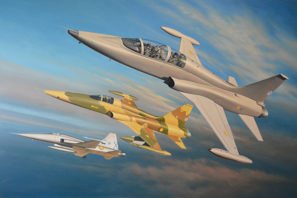 Cuadro de los F-5 con las capas intermedias de óleo aplicadas