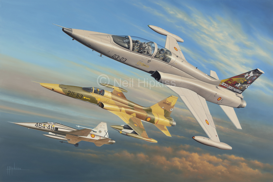 Una Leyenda en Vuelo, óleo terminado que representa tres aviones F-5 españoles
